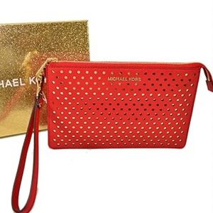 Michael Kors Red Gusset Wristlet with Gold Studs